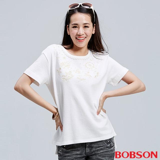 【BOBSON】女款短袖刺繡上衣(白26082-81)