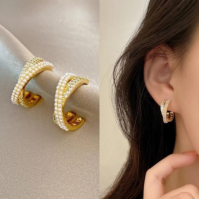 【Emi 艾迷】韓系復古氣質珍珠鋯石交叉925銀針耳環