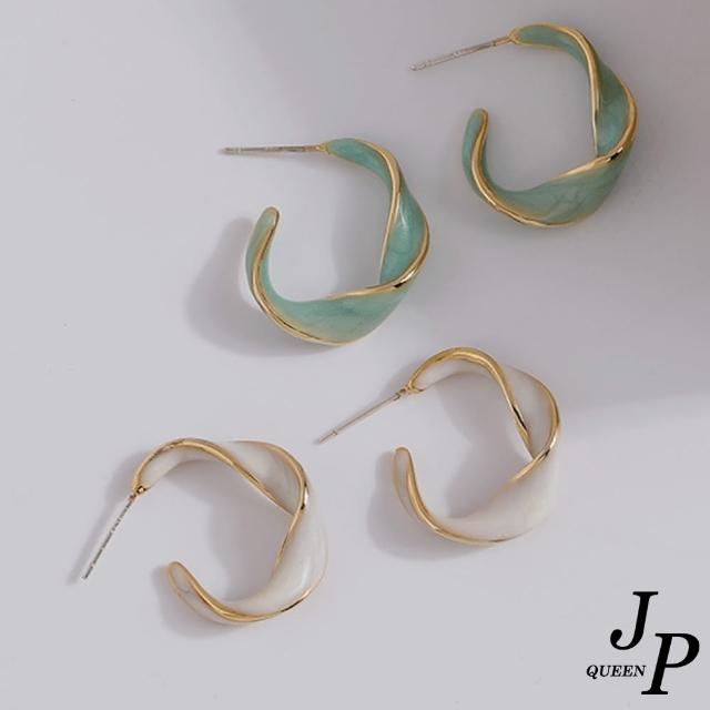 【Jpqueen】扭曲半環珠光滴油韓風時尚耳環(2色可選)