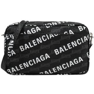 【Balenciaga 巴黎世家】新版經典品牌LOGO印花方包相機包斜背包(黑)