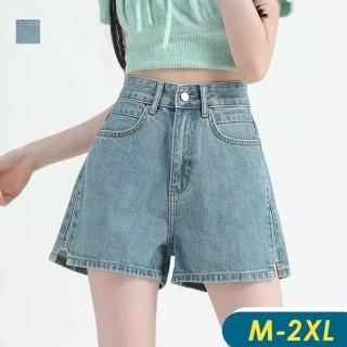 【CHACO】/現貨/ 韓系女夏日單釦闊腿修身高腰牛仔短褲 藍色#8702BL