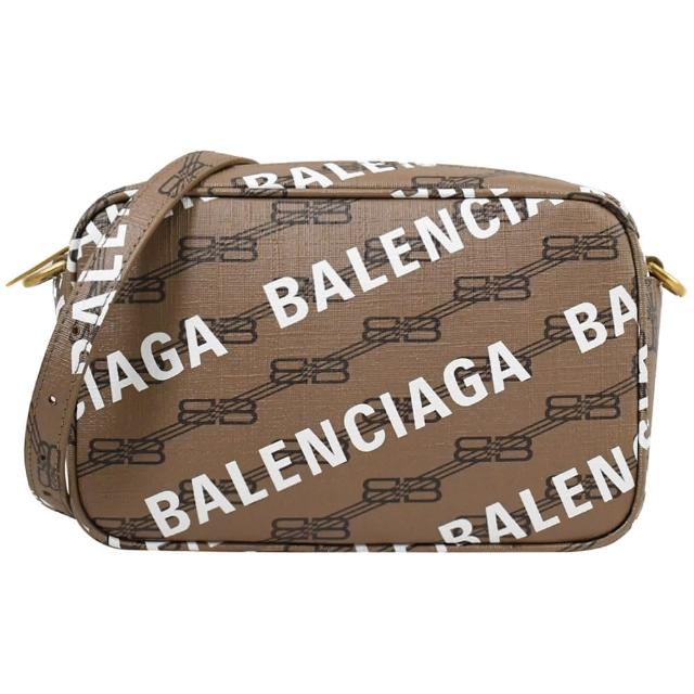 【Balenciaga 巴黎世家】新版經典品牌LOGO印花方包相機包斜背包(淺棕 小)