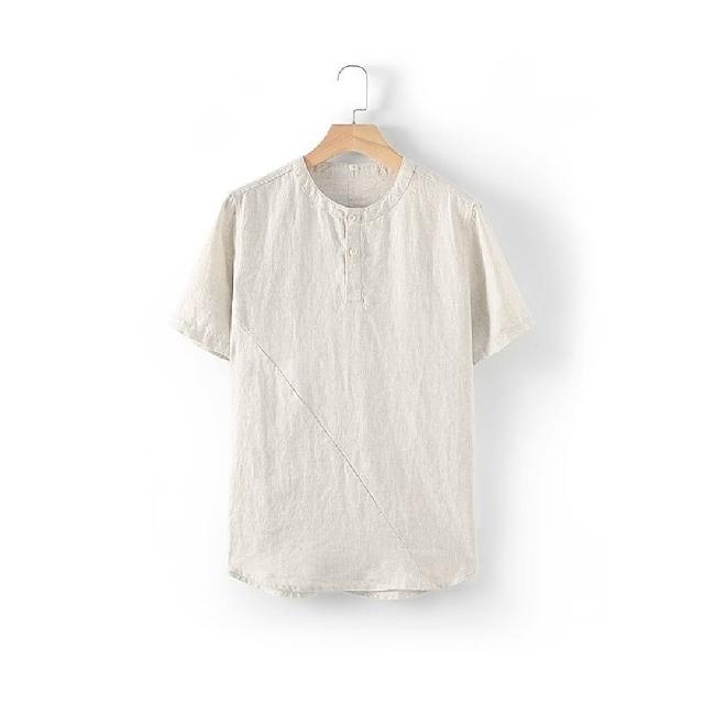 【米蘭精品】亞麻T恤短袖上衣(圓領套頭簡約寬鬆男上衣2色74ev7)