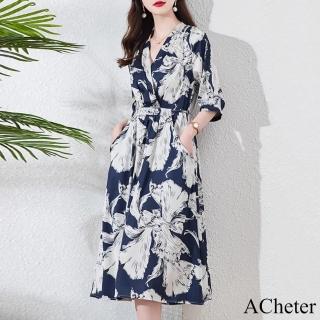 【ACheter】寬鬆大碼V領復古印花七分袖系帶收腰顯瘦棉連身裙長版洋裝#118285(藍)