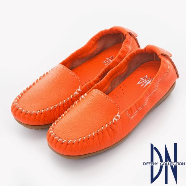 【DN】舒適柔軟 全真皮手工縫線莫卡辛豆豆鞋(橘)