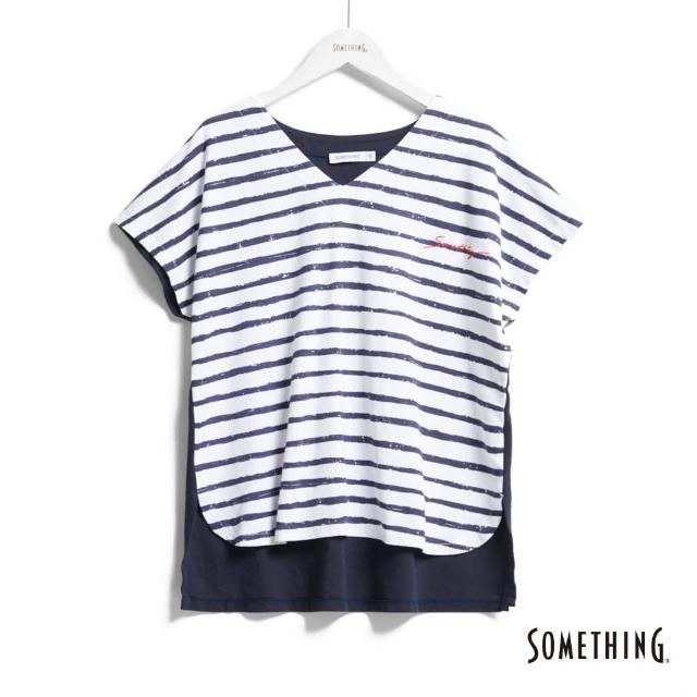 【SOMETHING】女裝 V領條紋短袖T恤(白色)
