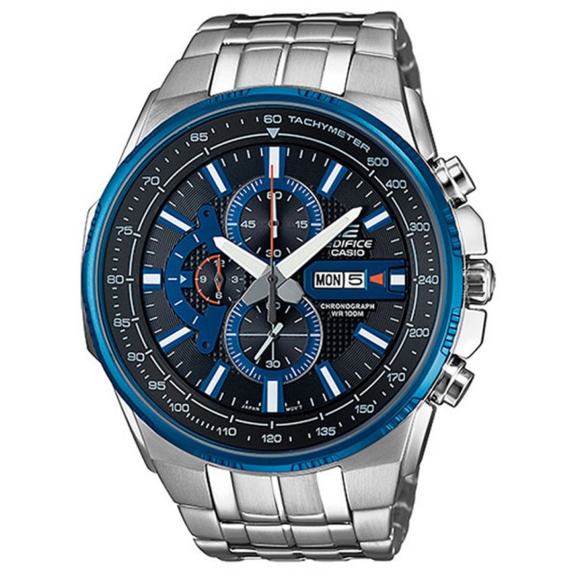【CASIO 卡西歐】EDIFICE系列 高速轉移三眼賽車腕錶-藍框黑x銀(EFR-549D-1A2VUDF)