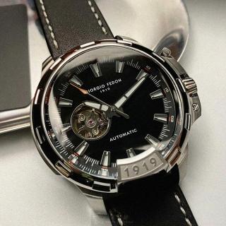 【GIORGIO FEDON 1919】GiorgioFedon1919手錶型號GF00056(內容錶面銀錶殼深黑色真皮皮革錶帶款)