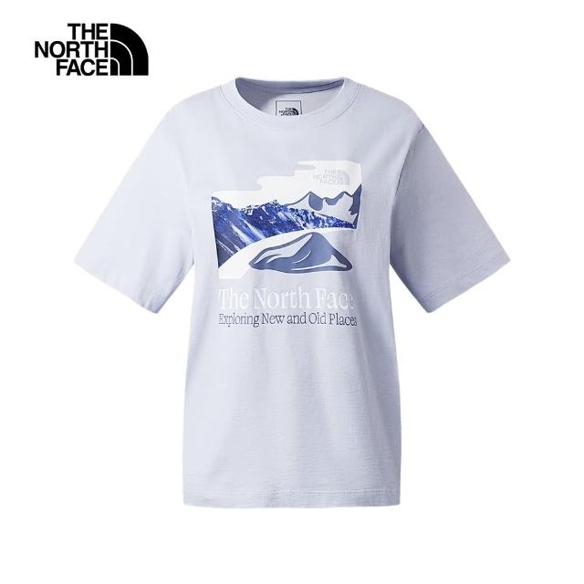 【The North Face 官方旗艦】北面女款藍色胸前抽象藝術印花短袖T恤｜86Q6I0E