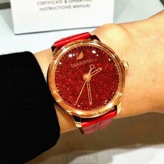 【SWAROVSKI 施華洛世奇】SWAROVSKI手錶型號SW00005(大紅色錶面玫瑰金錶殼大紅色真皮皮革錶帶款)