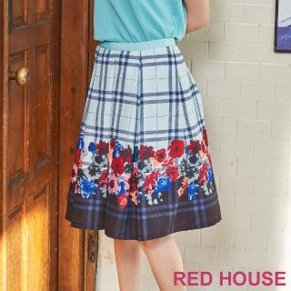 【RED HOUSE 蕾赫斯】水墨花朵格紋印花裙(淺藍色)