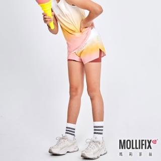 【Mollifix 瑪莉菲絲】漸層活力雙層運動短褲_KIDS、瑜珈服、瑜珈褲、運動短褲、短褲(暖陽橘)