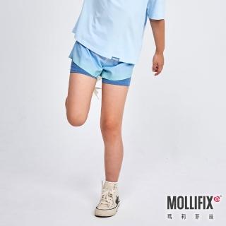 【Mollifix 瑪莉菲絲】漸層活力雙層運動短褲_KIDS、瑜珈服、瑜珈褲、運動短褲、短褲(捲雲藍)