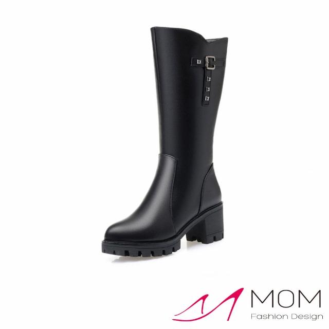 【MOM】粗跟中筒靴 低跟中筒靴/質感鉚釘造型保暖粗低跟中筒靴(黑)