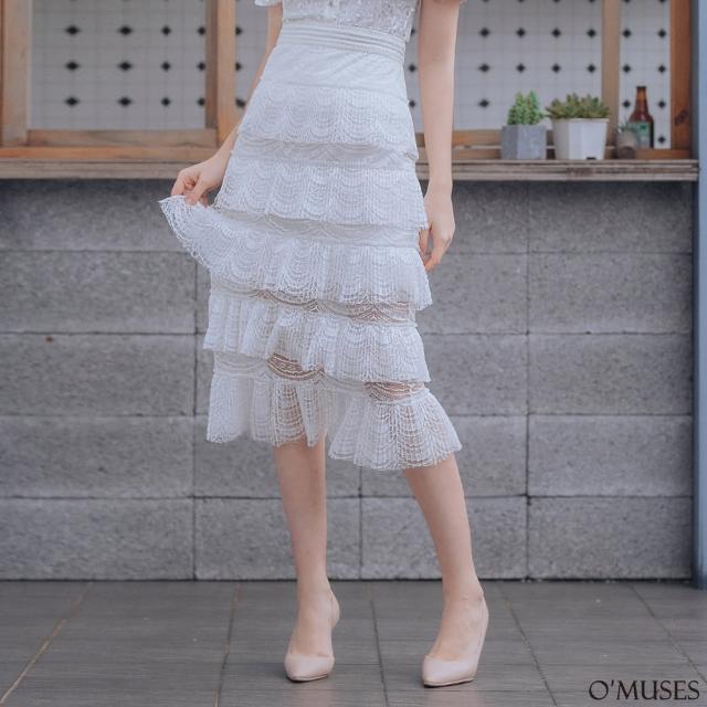 【OMUSES】重工百褶蕾絲白色層次蛋糕裙13-7058(XS-L)