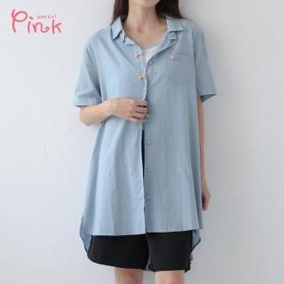 【PINK NEW GIRL】條紋長版翻領排扣短袖襯衫 L5201RD