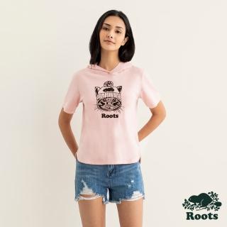 【Roots】Roots女裝-動物派對系列 毛帽貓咪純棉短袖連帽上衣(粉橘色)