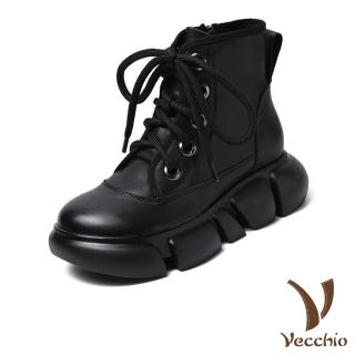 【Vecchio】真皮短靴 厚底短靴/真皮頭層牛皮復古5孔綁帶厚底時尚短靴(黑)