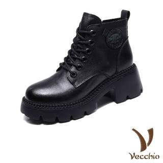 【Vecchio】真皮短靴 粗跟短靴/全真皮頭層牛皮復古時尚防水台粗跟百搭馬丁短靴(黑)