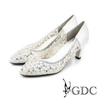 【GDC】三角水鑽簍空拼接真皮尖頭高跟鞋/婚鞋-白色(714900)