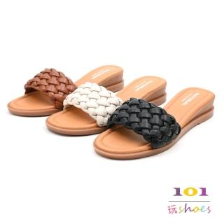 【101 玩Shoes】mit. 大尺碼甜美優雅編織麻花小坡跟拖鞋(黑/米/棕.41-44碼)