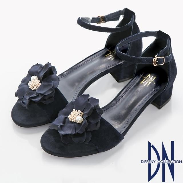 【DN】渡假時尚 甜美花朵繫帶低跟涼鞋(藍)