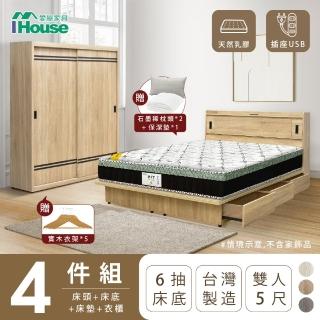 【IHouse】品田 房間4件組 雙人5尺(床頭箱+收納抽屜底+床墊+衣櫃)