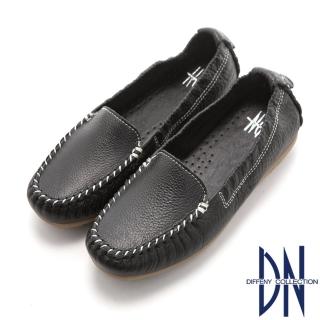 【DN】舒適柔軟 全真皮手工縫線莫卡辛豆豆鞋(黑)