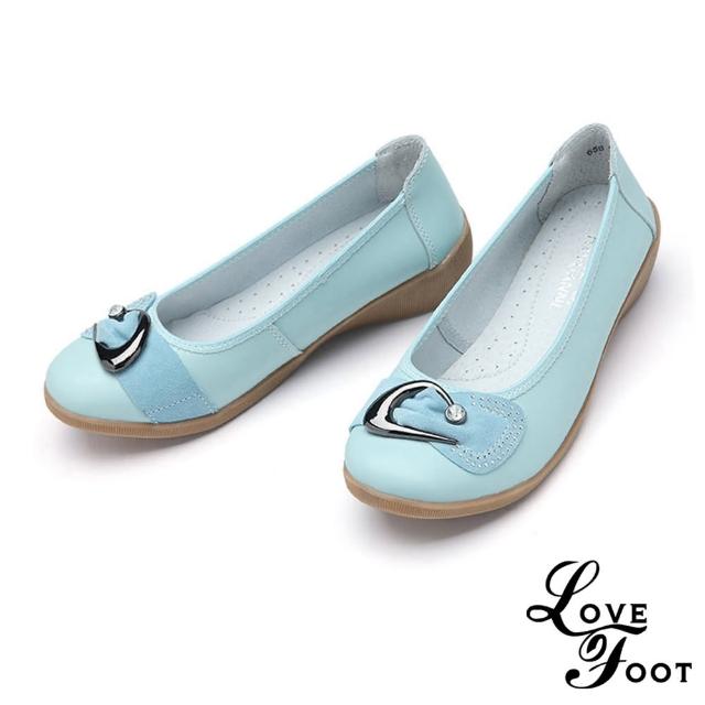 【LOVE FOOT 樂芙】真皮跟鞋 坡跟跟鞋/真皮燙鑽時尚月牙釦造型坡跟鞋(藍)