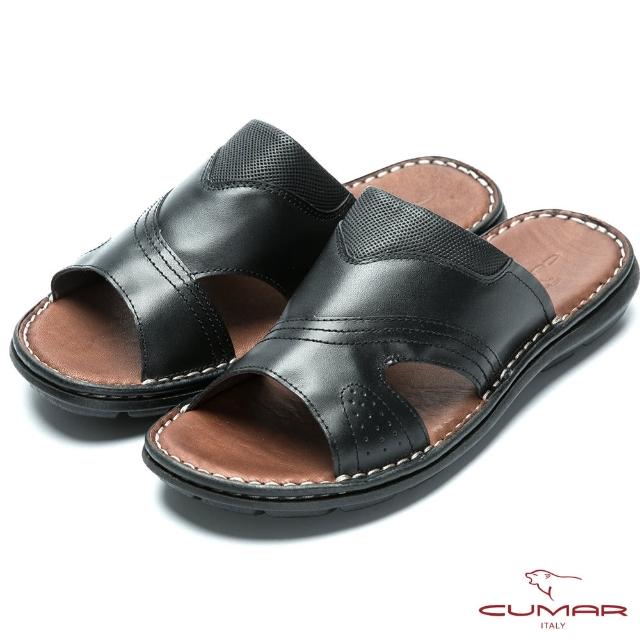 【CUMAR】舒適真皮 簡單大方氣墊涼拖鞋(黑色)
