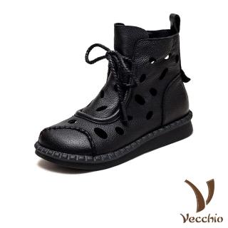 【Vecchio】真皮短靴 牛皮短靴/全真皮頭層牛皮復古立體縫線洞洞羅馬鞋 短靴 涼靴(黑)