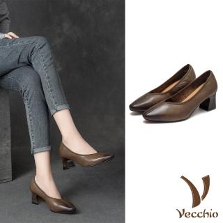 【Vecchio】真皮跟鞋 尖頭跟鞋/全真皮頭層牛皮復古擦色優雅尖頭V口高跟鞋(綠)