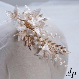【Jpqueen】婚紗寫真新娘花朵手工串珠耀鋯石髮飾(金色)