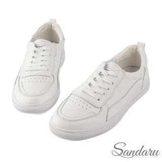 【SANDARU 山打努】小白鞋 真皮拼接縫線綁帶休閒鞋(白)