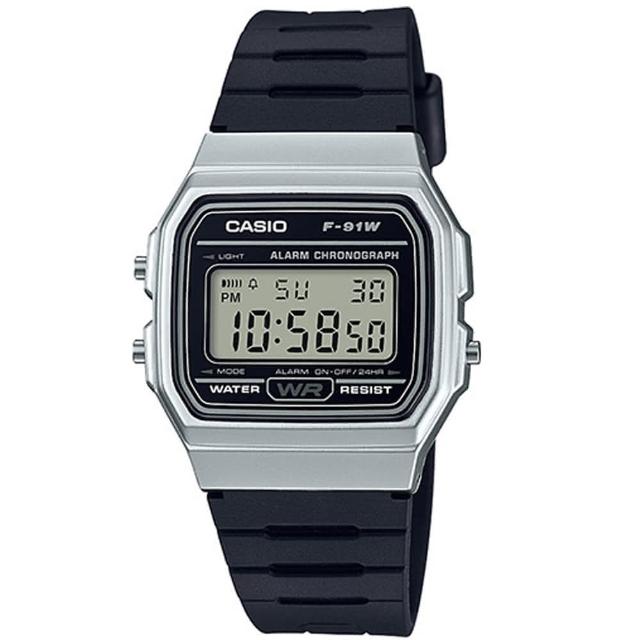 【CASIO】方形復古運動電子錶-銀白框(F-91WM-7A)