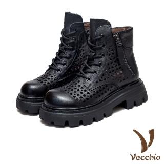 【Vecchio】真皮馬丁靴 粗跟馬丁靴/全真皮頭層牛皮縷空洞洞手工擦色粗跟馬丁靴(黑)