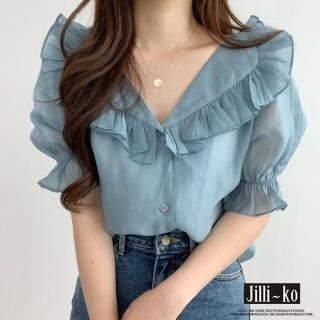 【JILLI-KO】荷葉邊V領氣質甜美泡泡袖雪紡襯衫-F(白/藍)