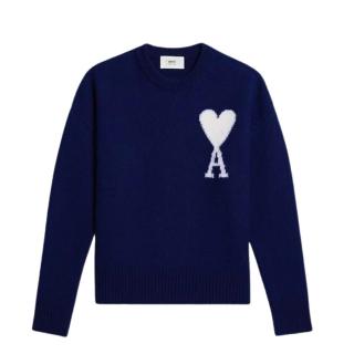 【AMI PARIS】經典愛心刺繡LOGO 靛藍色 羊毛 長袖 毛衣 衛衣(UKS002018493)
