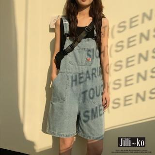 【JILLI-KO】韓版牛仔闊腿五分吊帶短褲-F(淺藍)