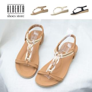 【Alberta】涼鞋 波西米亞風皮質/絨質雙材質拼接五金扣裝飾小坡跟3cm涼拖鞋