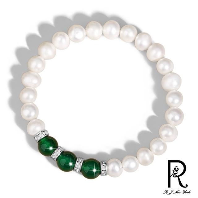 【RJ New York】高貴綠瑪瑙珍珠水鑽彈性手鍊(白色)