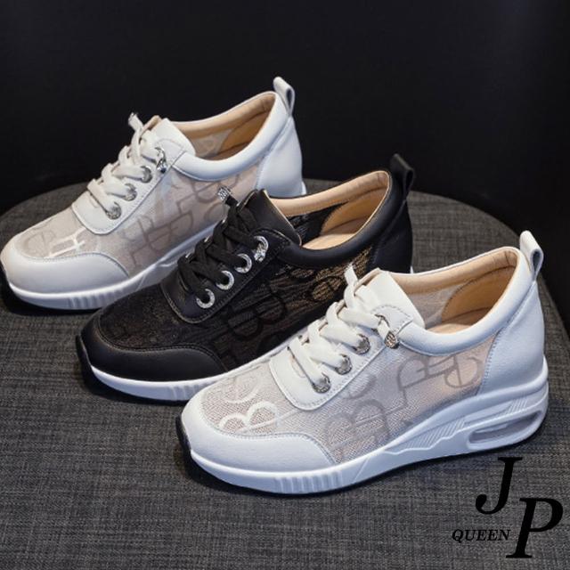 【JP Queen New York】英文花紋真皮透氣網面運動鞋(5色可選)
