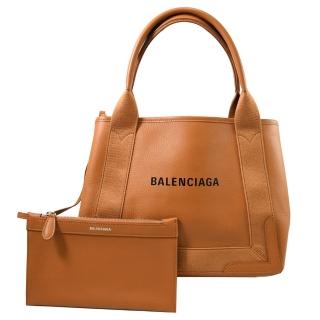 【Balenciaga 巴黎世家】NAVY 簡約LOGO小牛皮附萬用袋大手提包托特包(焦糖棕)