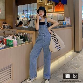 【JILLI-KO】韓版牛仔口袋闊腿拖地可調吊帶褲-F(深藍/淺藍)
