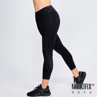 【Mollifix 瑪莉菲絲】滿版logo拼接修飾動塑褲、瑜珈服、Legging(黑)
