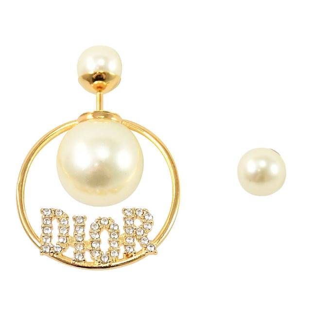【Dior 迪奧】經典品牌英文LOGO不對稱圓環水鑽珠珠時尚耳環(金)