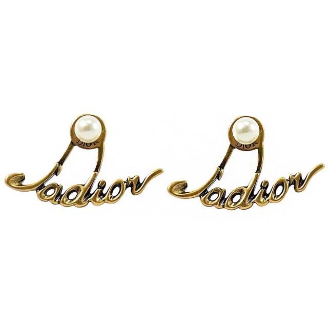 【Dior 迪奧】TRIBALES英文LOGO造型珠珠針式時尚耳環(金)