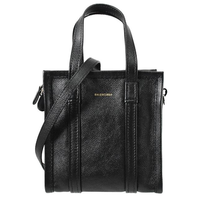 【Balenciaga 巴黎世家】Bazar XXS 簡約LOGO素面小牛皮紙袋造型手提兩用包(黑)