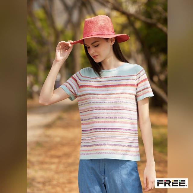 【FREE】圓領橫紋幾何短袖針織衫(粉綠/粉紫)