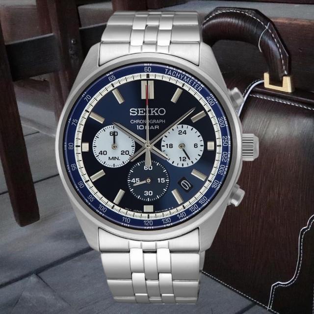 【SEIKO 精工】CS 簡約三眼計時腕錶 SK038  /銀X藍41.5mm(8T63-00W0B/SSB427P1)